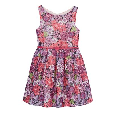 Girls' multi-coloured floral embroidered belted dress